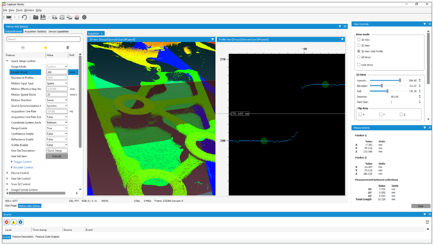 Matrox Capture Works enthält für Matrox AltiZ spezifische Ansichten zum Einstellen der Laserlinienextraktion, zum konfigurieren des Scanvolumens und zum einrichten der Triggerauslösung.