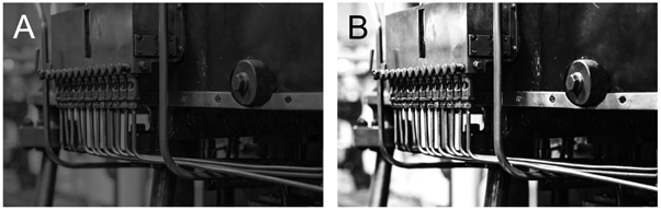 Machine Vision: Industrial Machinery Application viewed with high contrast lens and low contrast lens.